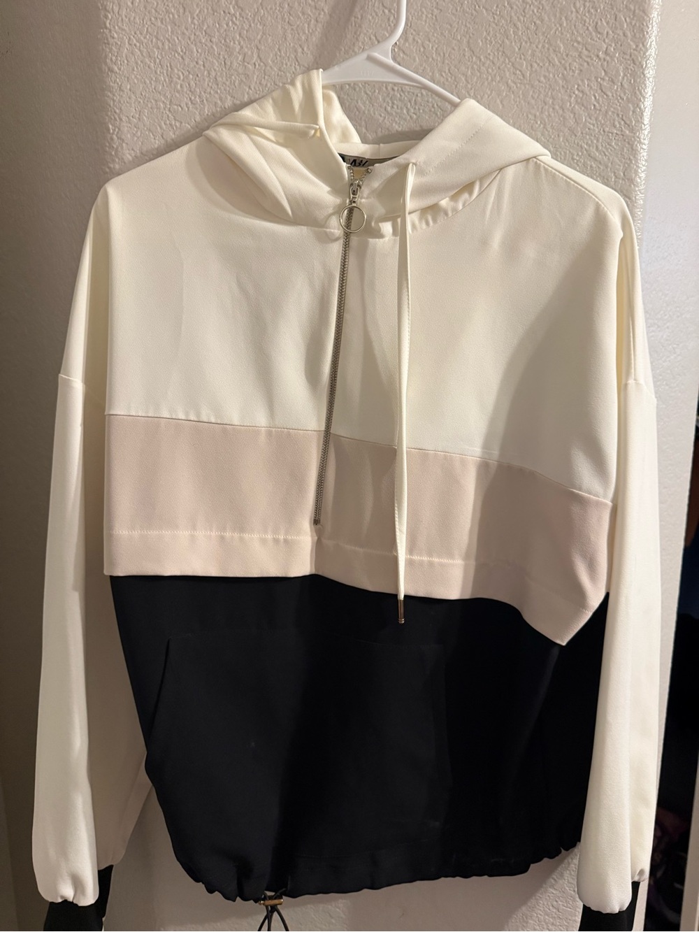 Zara Colorblock Cropped Bomber Jacket - White, Cream & Black